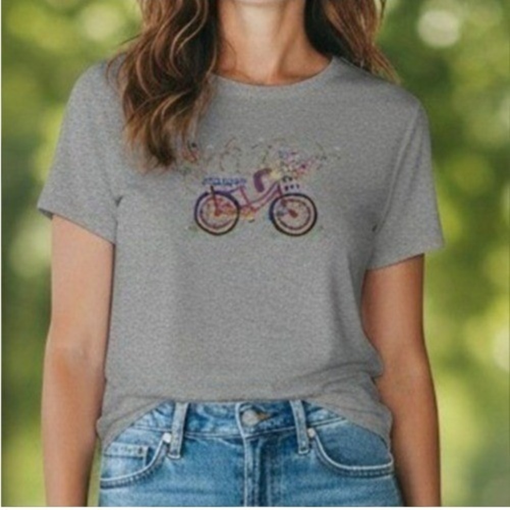 Quacker Factory Embroidered Patriotic Bicycle Top Large Gray 4th of July Shirt